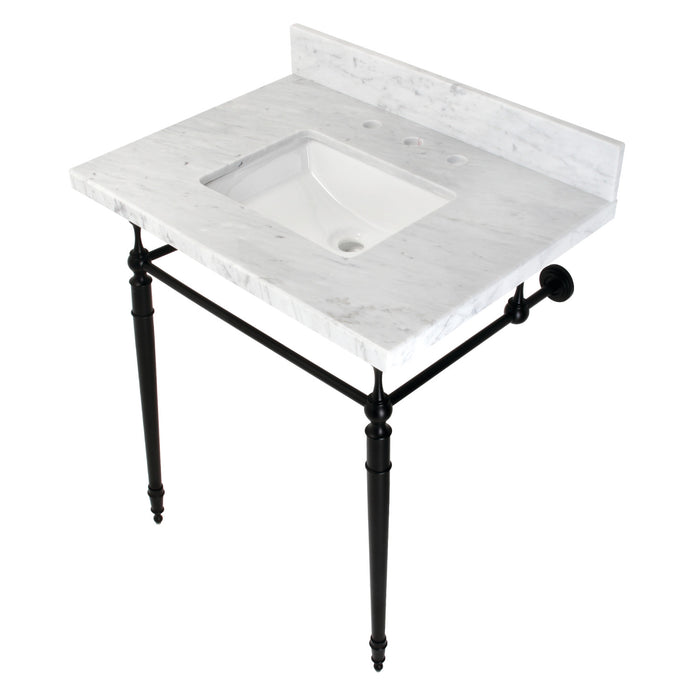 Kingston Heirloom KVPB3022M8SQ0 - Edwardian 30-Inch Carrara Marble Console Sink with Brass Legs (8-Inch, 3-Hole), Carrara Marble White/Matte Black