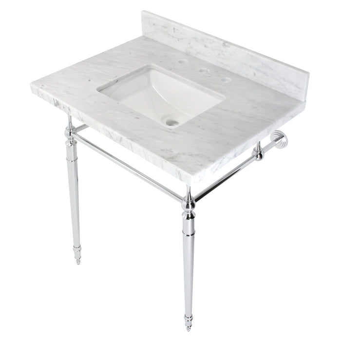 Kingston Heirloom KVPB3022M8SQ1 - Edwardian 30-Inch Carrara Marble Console Sink with Brass Legs (8-Inch, 3-Hole), Carrara Marble White/Polished Chrome