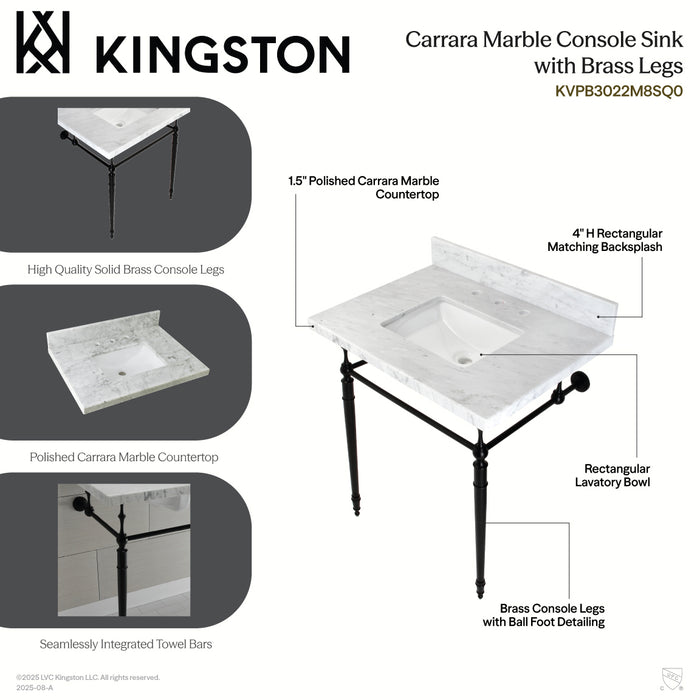 Edwardian KVPB3022M8SQ6 30-Inch Carrara Marble Console Sink with Brass Legs (8-Inch, 3-Hole), Carrara Marble White/Polished Nickel
