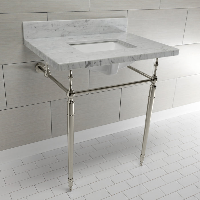 Edwardian KVPB3022M8SQ6 30-Inch Carrara Marble Console Sink with Brass Legs (8-Inch, 3-Hole), Carrara Marble White/Polished Nickel