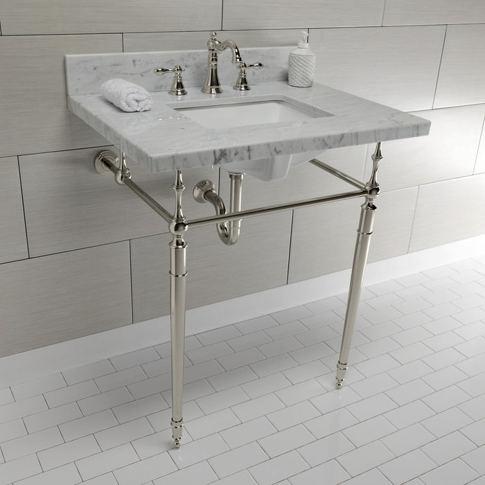 Edwardian KVPB3022M8SQ6 30-Inch Carrara Marble Console Sink with Brass Legs (8-Inch, 3-Hole), Carrara Marble White/Polished Nickel