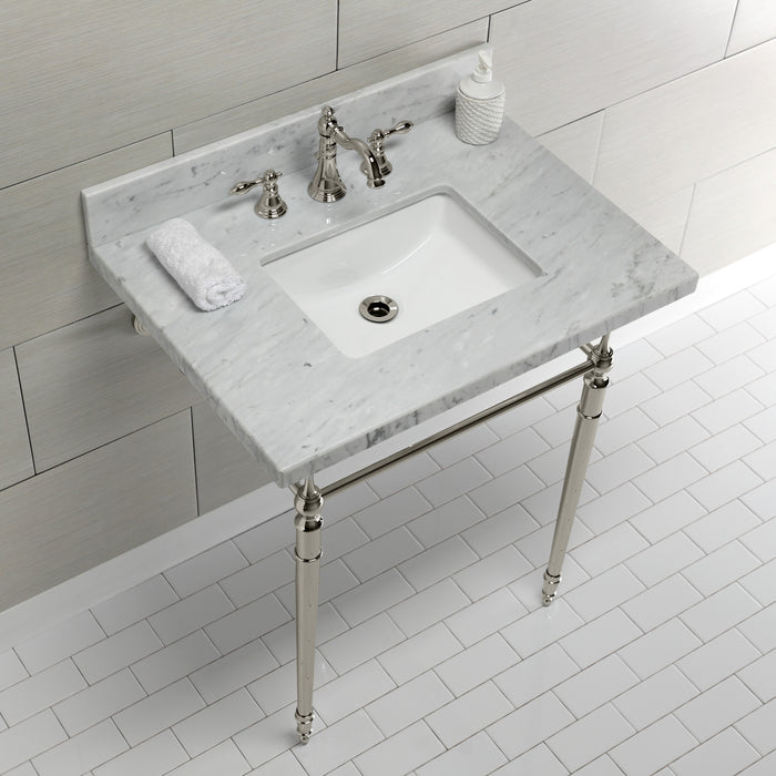 Edwardian KVPB3022M8SQ6 30-Inch Carrara Marble Console Sink with Brass Legs (8-Inch, 3-Hole), Carrara Marble White/Polished Nickel