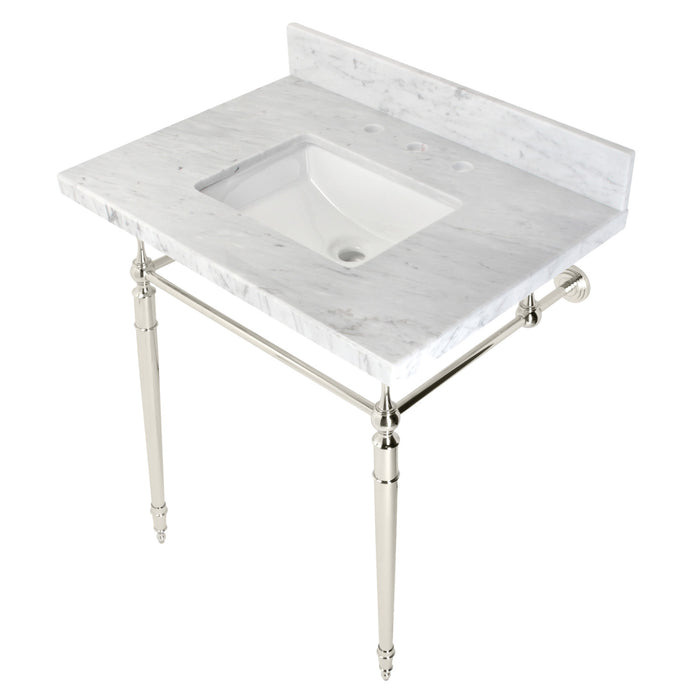 Edwardian KVPB3022M8SQ6 30-Inch Carrara Marble Console Sink with Brass Legs (8-Inch, 3-Hole), Carrara Marble White/Polished Nickel