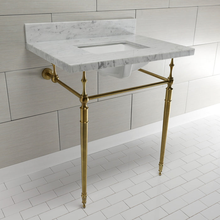 Edwardian KVPB3022M8SQ7 30-Inch Carrara Marble Console Sink with Brass Legs (8-Inch, 3-Hole), Carrara Marble White/Brushed Brass