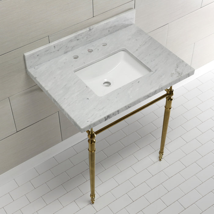 Edwardian KVPB3022M8SQ7 30-Inch Carrara Marble Console Sink with Brass Legs (8-Inch, 3-Hole), Carrara Marble White/Brushed Brass