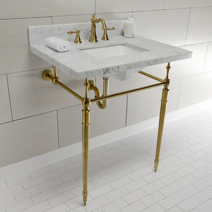 Edwardian KVPB3022M8SQ7 30-Inch Carrara Marble Console Sink with Brass Legs (8-Inch, 3-Hole), Carrara Marble White/Brushed Brass