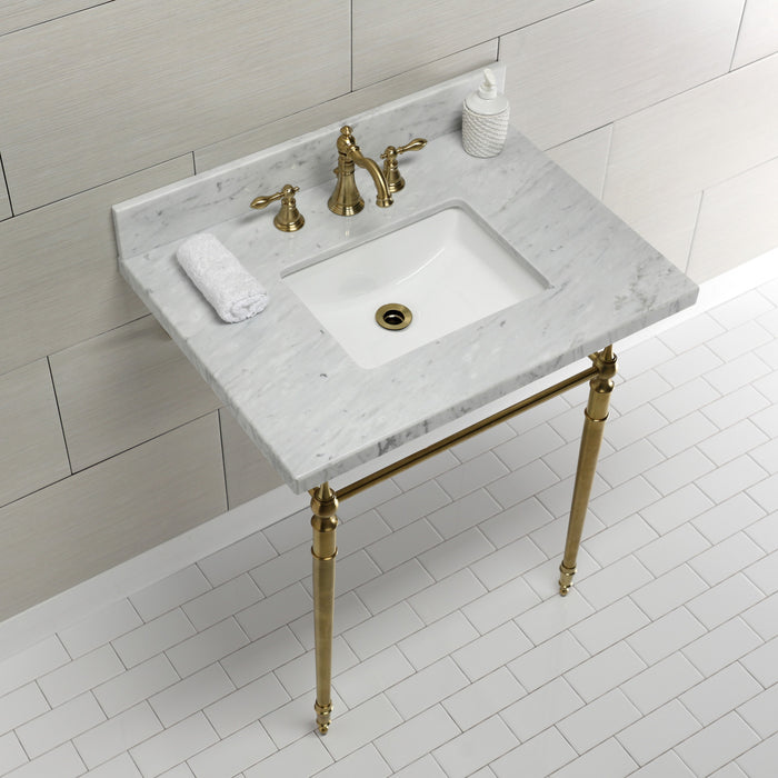 Edwardian KVPB3022M8SQ7 30-Inch Carrara Marble Console Sink with Brass Legs (8-Inch, 3-Hole), Carrara Marble White/Brushed Brass