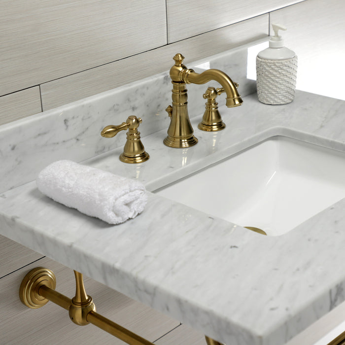Edwardian KVPB3022M8SQ7 30-Inch Carrara Marble Console Sink with Brass Legs (8-Inch, 3-Hole), Carrara Marble White/Brushed Brass