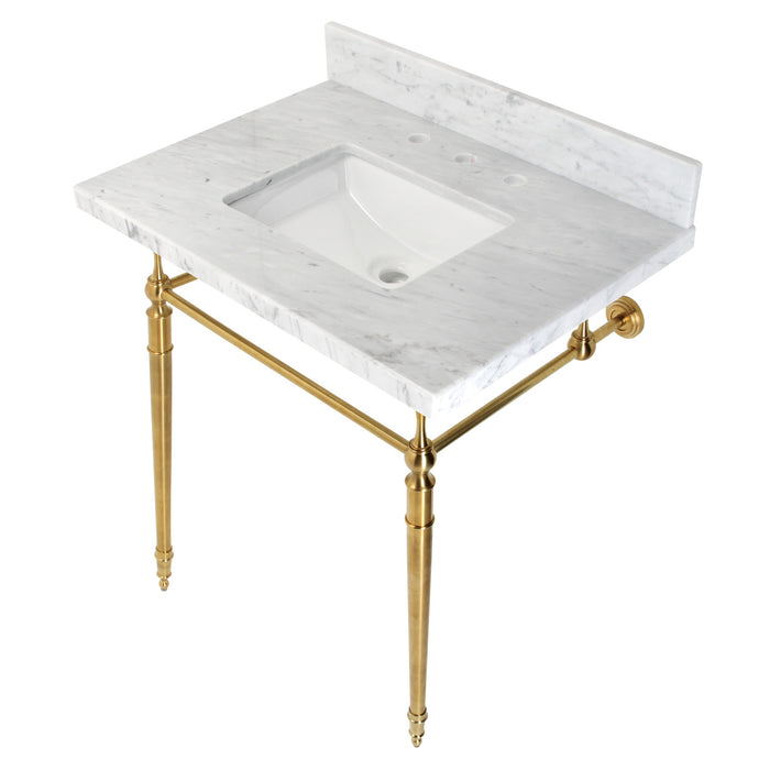 Edwardian KVPB3022M8SQ7 30-Inch Carrara Marble Console Sink with Brass Legs (8-Inch, 3-Hole), Carrara Marble White/Brushed Brass