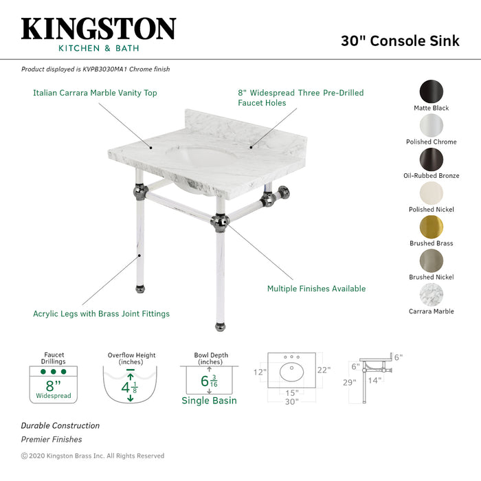 Kingston Tulare KVPB3030MA0 - Templeton 30-Inch Carrara Marble Vanity Top with Acrylic Legs (8-Inch, 3-Hole), Carrara Marble White/Matte Black