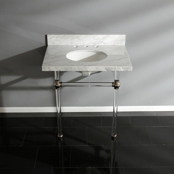 Kingston Tulare KVPB3030MA6 - Templeton 30-Inch Carrara Marble Vanity Top with Acrylic Legs (8-Inch, 3-Hole), Carrara Marble White/Polished Nickel