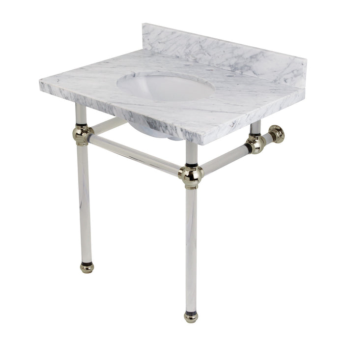 Kingston Tulare KVPB3030MA6 - Templeton 30-Inch Carrara Marble Vanity Top with Acrylic Legs (8-Inch, 3-Hole), Carrara Marble White/Polished Nickel