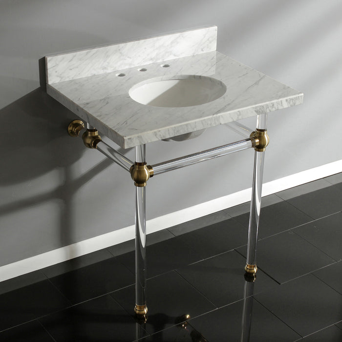 Kingston Tulare KVPB3030MA7 - Templeton 30-Inch Carrara Marble Vanity Top with Acrylic Legs (8-Inch, 3-Hole), Carrara Marble White/Brushed Brass
