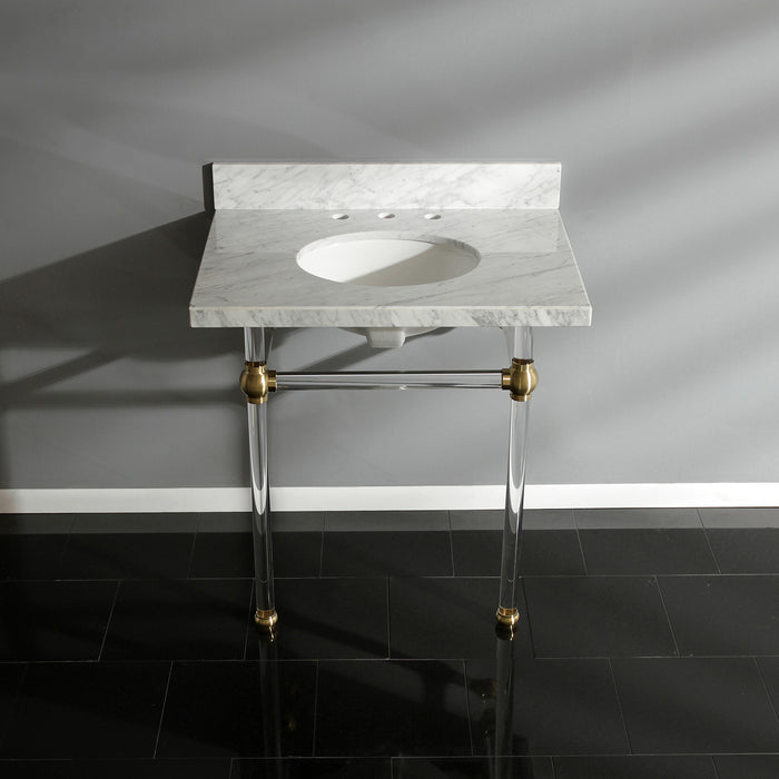 Kingston Tulare KVPB3030MA7 - Templeton 30-Inch Carrara Marble Vanity Top with Acrylic Legs (8-Inch, 3-Hole), Carrara Marble White/Brushed Brass
