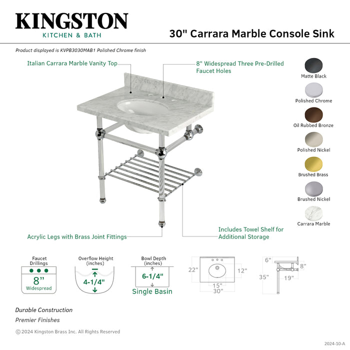 Kingston Tulare KVPB3030MAB8 - Templeton 30-Inch Carrara Marble Console Sink with Acrylic Legs and Shelf (8-Inch, 3-Hole), Carrara Marble White/Brushed Nickel