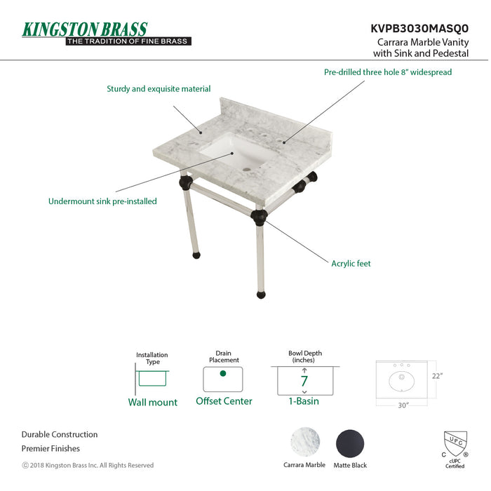 Kingston Tulare KVPB3030MASQ0 - Templeton 30-Inch Carrara Marble Vanity Top with Acrylic Legs (8-Inch, 3-Hole), Carrara Marble White/Matte Black