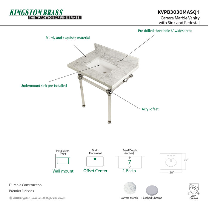 Kingston Tulare KVPB3030MASQ1 - Templeton 30-Inch Carrara Marble Vanity Top with Acrylic Legs (8-Inch, 3-Hole), Carrara Marble White/Polished Chrome