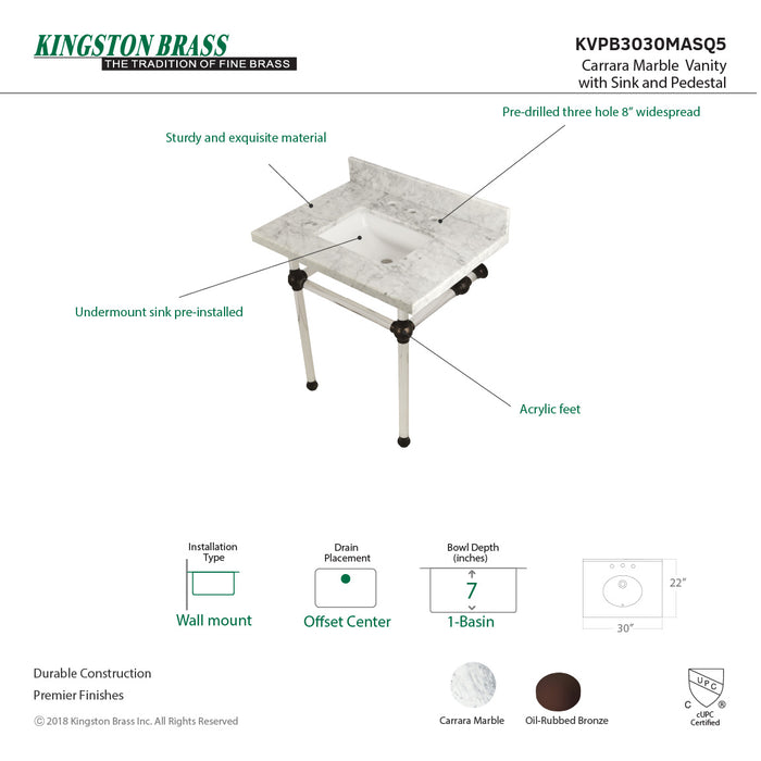 Kingston Tulare KVPB3030MASQ5 - Templeton 30-Inch Carrara Marble Vanity Top with Acrylic Legs (8-Inch, 3-Hole), Carrara Marble White/Oil Rubbed Bronze