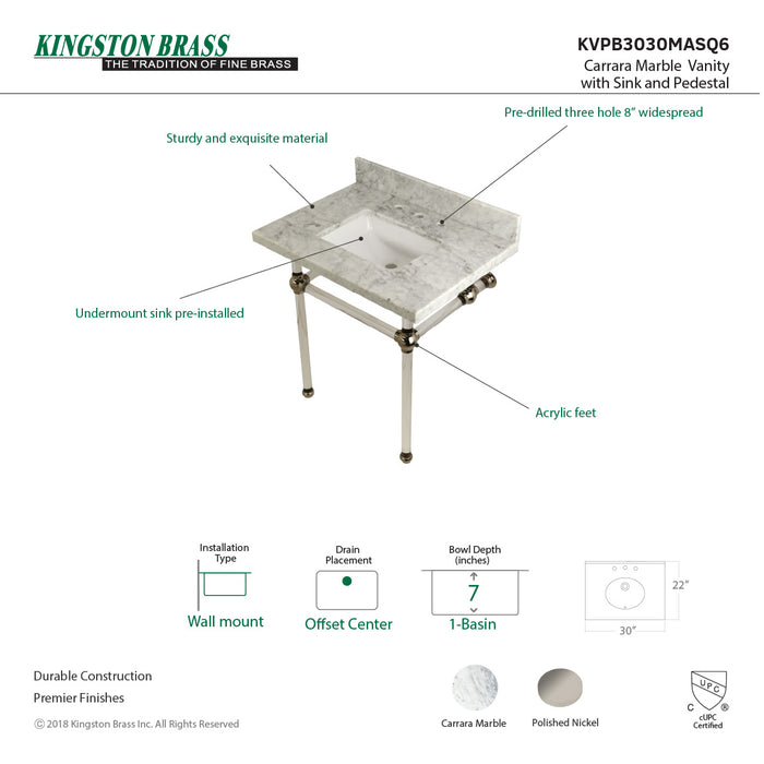 Kingston Tulare KVPB3030MASQ6 - Templeton 30-Inch Carrara Marble Vanity Top with Acrylic Legs (8-Inch, 3-Hole), Carrara Marble White/Polished Nickel