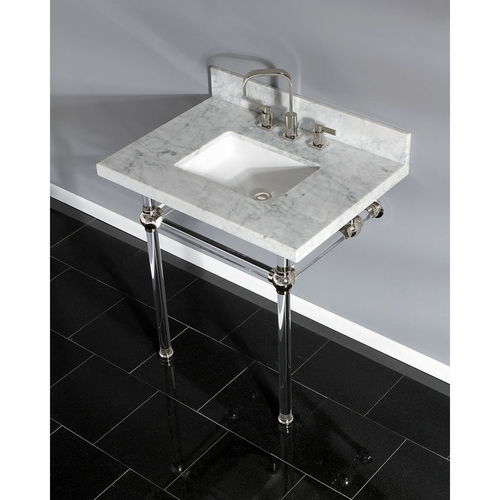 Kingston Tulare KVPB3030MASQ6 - Templeton 30-Inch Carrara Marble Vanity Top with Acrylic Legs (8-Inch, 3-Hole), Carrara Marble White/Polished Nickel