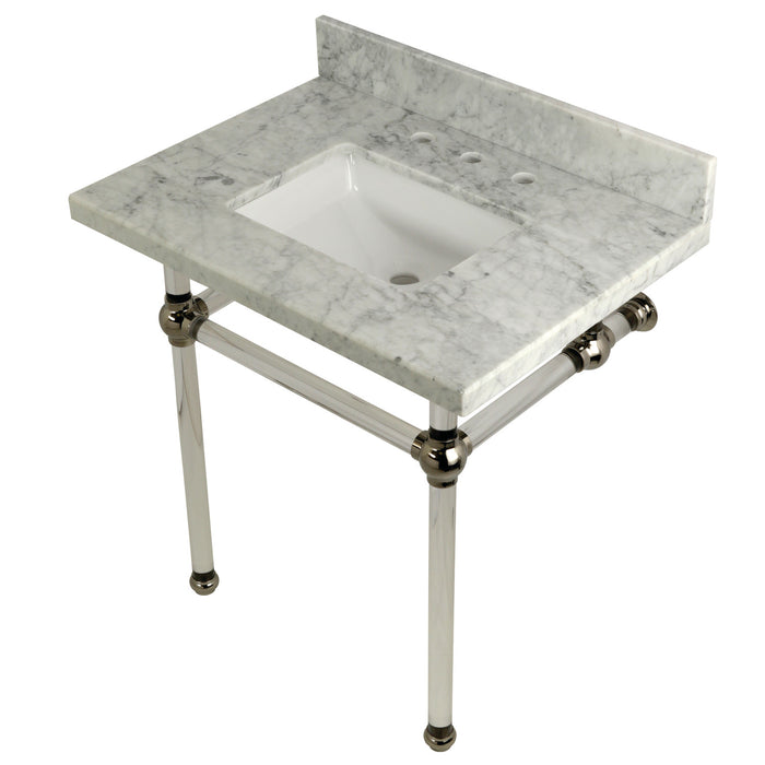 Kingston Tulare KVPB3030MASQ6 - Templeton 30-Inch Carrara Marble Vanity Top with Acrylic Legs (8-Inch, 3-Hole), Carrara Marble White/Polished Nickel
