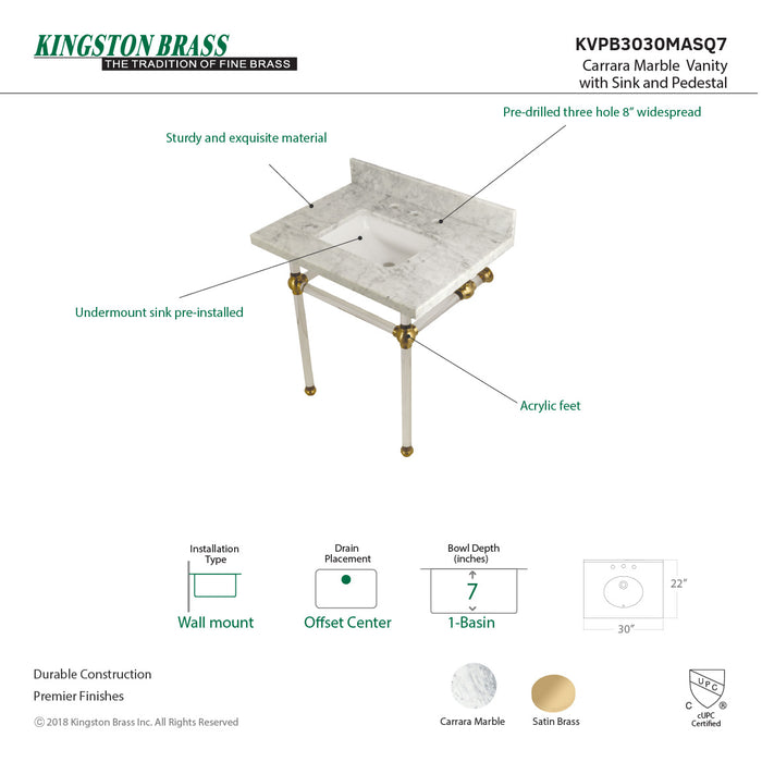 Kingston Tulare KVPB3030MASQ7 - Templeton 30-Inch Carrara Marble Vanity Top with Acrylic Legs (8-Inch, 3-Hole), Carrara Marble White/Brushed Brass