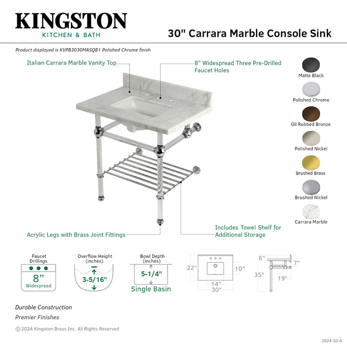 Kingston Tulare KVPB3030MASQB0 - Templeton 30-Inch Carrara Marble Console Sink with Acrylic Legs and Shelf (8-Inch, 3-Hole), Carrara Marble White/Matte Black