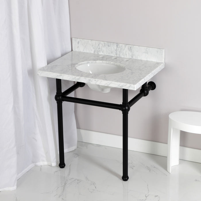 Kingston Heirloom KVPB3030MB0 - Templeton 30-Inch Carrara Marble Vanity Top with Brass Legs (8-Inch, 3-Hole), Carrara Marble White/Matte Black