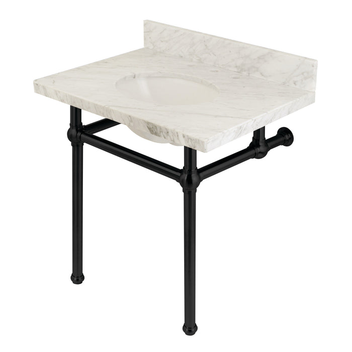 Kingston Heirloom KVPB3030MB0 - Templeton 30-Inch Carrara Marble Vanity Top with Brass Legs (8-Inch, 3-Hole), Carrara Marble White/Matte Black