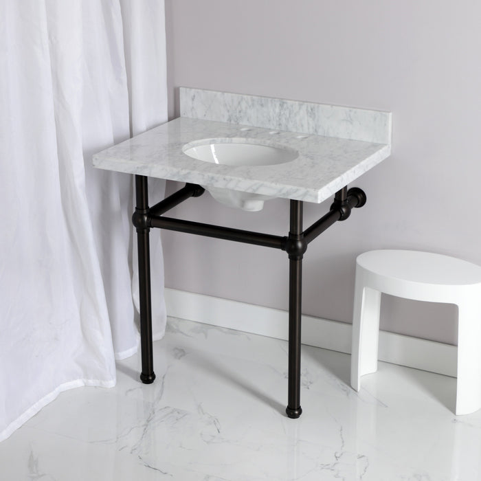 Kingston Heirloom KVPB3030MB5 - Templeton 30-Inch Carrara Marble Vanity Top with Brass Legs (8-Inch, 3-Hole), Carrara Marble White/Oil Rubbed Bronze