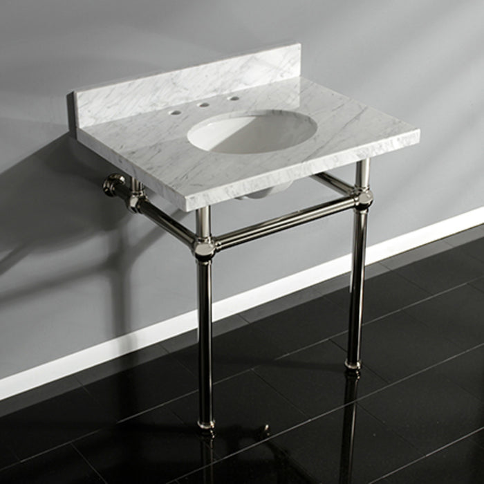 Kingston Heirloom KVPB3030MB6 - Templeton 30-Inch Carrara Marble Vanity Top with Brass Legs (8-Inch, 3-Hole), Carrara Marble White/Polished Nickel