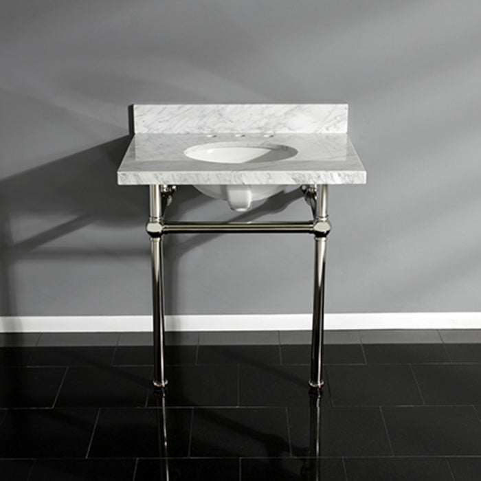 Kingston Heirloom KVPB3030MB6 - Templeton 30-Inch Carrara Marble Vanity Top with Brass Legs (8-Inch, 3-Hole), Carrara Marble White/Polished Nickel