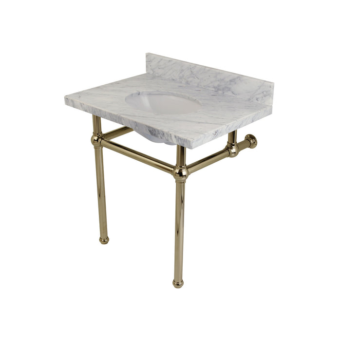 Kingston Heirloom KVPB3030MB6 - Templeton 30-Inch Carrara Marble Vanity Top with Brass Legs (8-Inch, 3-Hole), Carrara Marble White/Polished Nickel