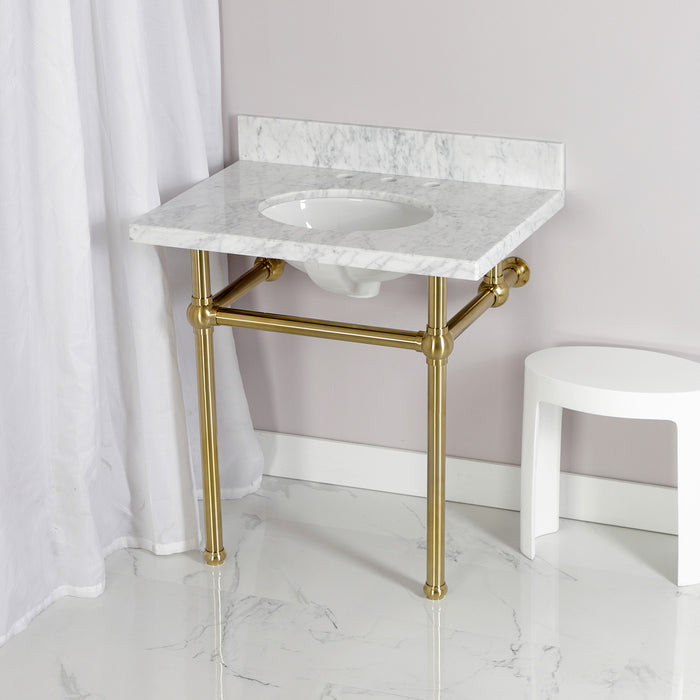 Kingston Heirloom KVPB3030MB7 - Templeton 30-Inch Carrara Marble Vanity Top with Brass Legs (8-Inch, 3-Hole), Carrara Marble White/Brushed Brass