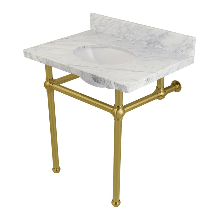 Kingston Heirloom KVPB3030MB7 - Templeton 30-Inch Carrara Marble Vanity Top with Brass Legs (8-Inch, 3-Hole), Carrara Marble White/Brushed Brass