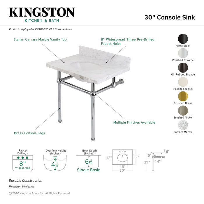 Kingston Heirloom KVPB3030MB8 - Templeton 30-Inch Carrara Marble Vanity Top with Brass Legs (8-Inch, 3-Hole), Carrara Marble White/Brushed Nickel