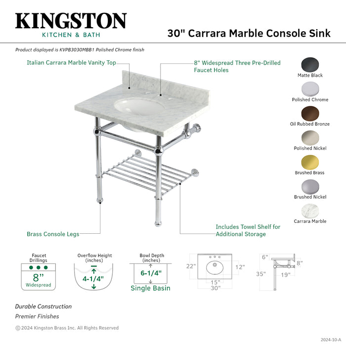 Kingston Heirloom KVPB3030MBB0 - Templeton 30-Inch Carrara Marble Console Sink with Brass Legs and Shelf (8-Inch, 3-Hole), Carrara Marble White/Matte Black