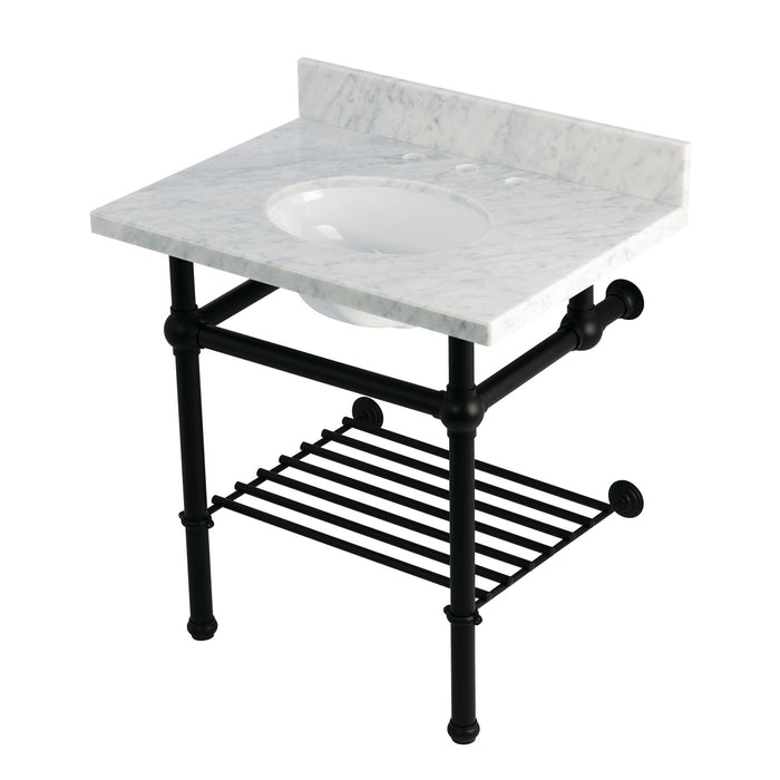 Kingston Heirloom KVPB3030MBB0 - Templeton 30-Inch Carrara Marble Console Sink with Brass Legs and Shelf (8-Inch, 3-Hole), Carrara Marble White/Matte Black