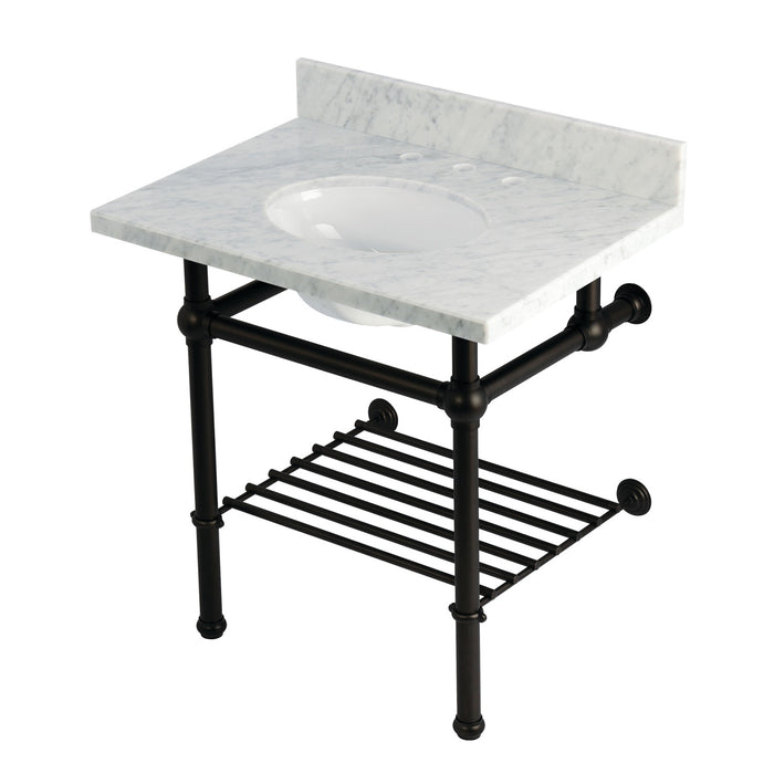 Kingston Heirloom KVPB3030MBB5 - Templeton 30-Inch Carrara Marble Console Sink with Brass Legs and Shelf (8-Inch, 3-Hole), Carrara Marble White/Oil Rubbed Bronze