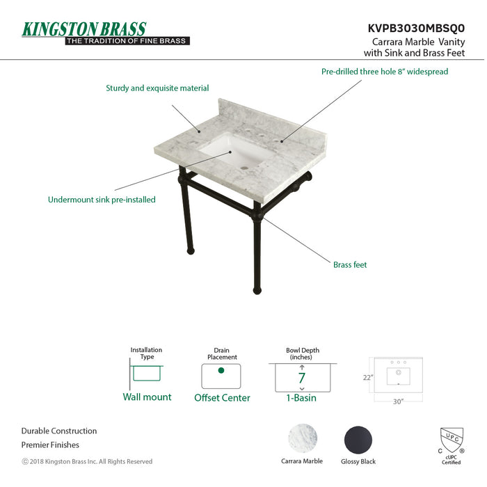 Kingston Heirloom KVPB3030MBSQ0 - Templeton 30-Inch Carrara Marble Vanity Top with Brass Legs (8-Inch, 3-Hole), Carrara Marble White/Matte Black