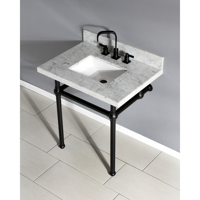 Kingston Heirloom KVPB3030MBSQ0 - Templeton 30-Inch Carrara Marble Vanity Top with Brass Legs (8-Inch, 3-Hole), Carrara Marble White/Matte Black