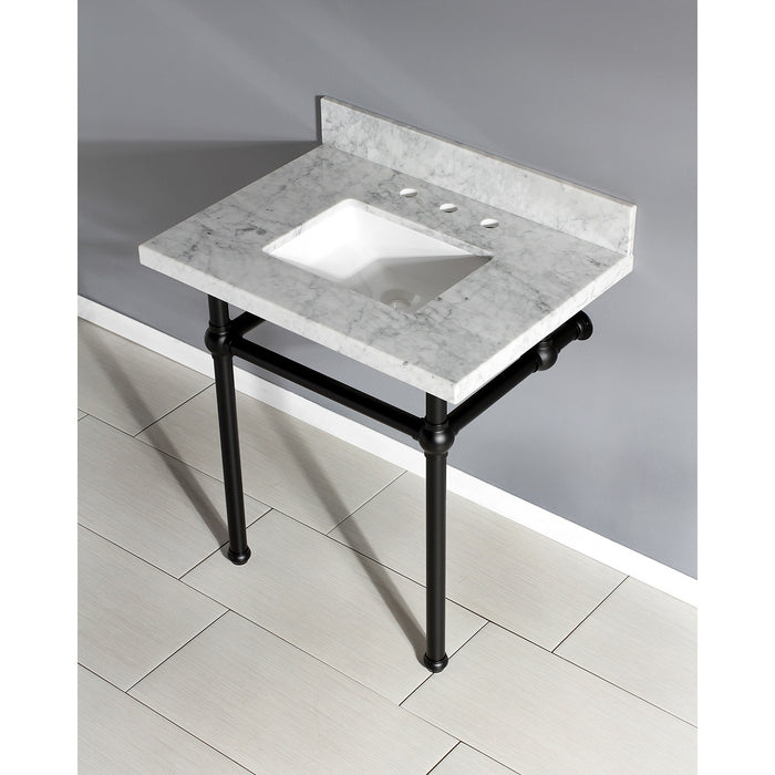 Kingston Heirloom KVPB3030MBSQ0 - Templeton 30-Inch Carrara Marble Vanity Top with Brass Legs (8-Inch, 3-Hole), Carrara Marble White/Matte Black