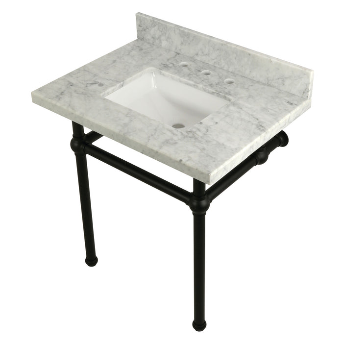 Kingston Heirloom KVPB3030MBSQ0 - Templeton 30-Inch Carrara Marble Vanity Top with Brass Legs (8-Inch, 3-Hole), Carrara Marble White/Matte Black