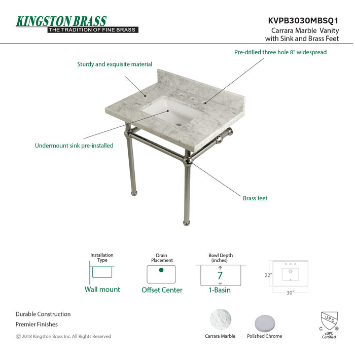 Kingston Heirloom KVPB3030MBSQ1 - Templeton 30-Inch Carrara Marble Vanity Top with Brass Legs (8-Inch, 3-Hole), Carrara Marble White/Polished Chrome
