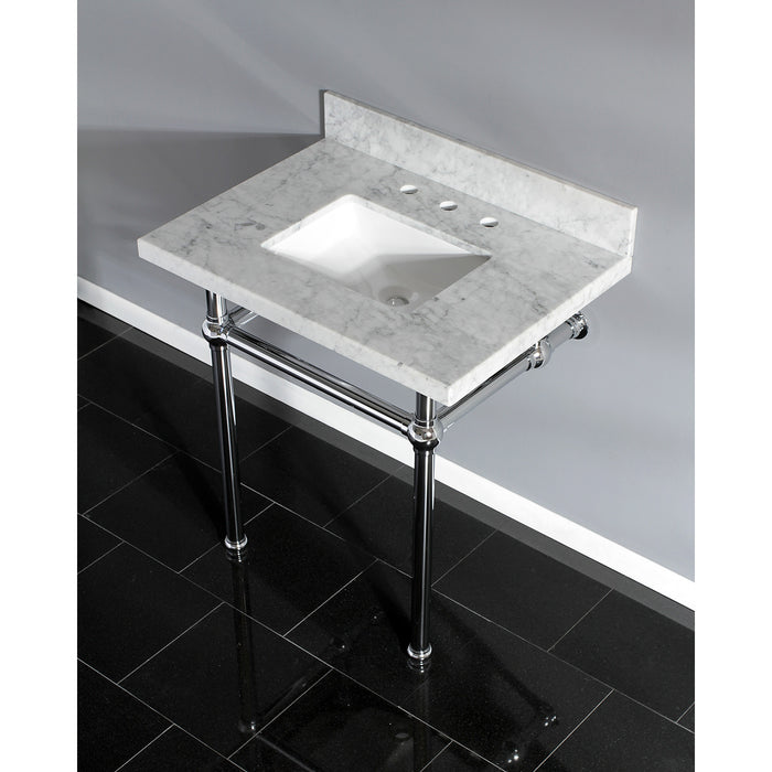 Kingston Heirloom KVPB3030MBSQ1 - Templeton 30-Inch Carrara Marble Vanity Top with Brass Legs (8-Inch, 3-Hole), Carrara Marble White/Polished Chrome