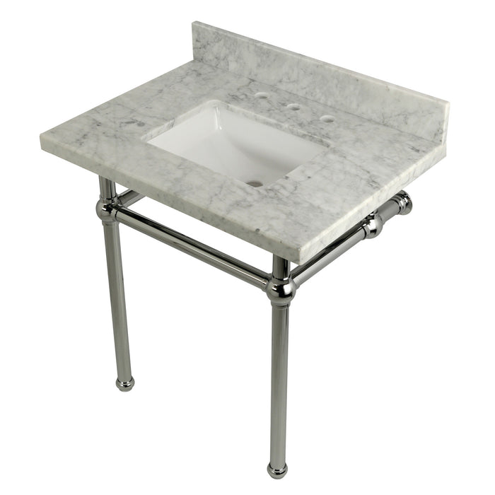 Kingston Heirloom KVPB3030MBSQ1 - Templeton 30-Inch Carrara Marble Vanity Top with Brass Legs (8-Inch, 3-Hole), Carrara Marble White/Polished Chrome