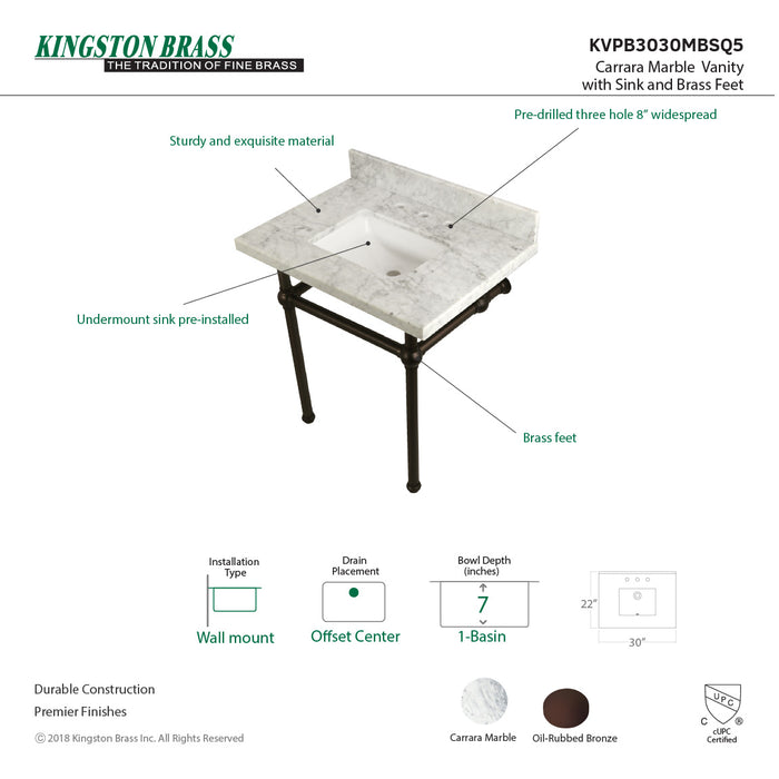 Kingston Heirloom KVPB3030MBSQ5 - Templeton 30-Inch Carrara Marble Vanity Top with Brass Legs (8-Inch, 3-Hole), Carrara Marble White/Oil Rubbed Bronze