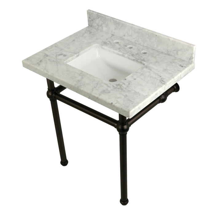 Kingston Heirloom KVPB3030MBSQ5 - Templeton 30-Inch Carrara Marble Vanity Top with Brass Legs (8-Inch, 3-Hole), Carrara Marble White/Oil Rubbed Bronze