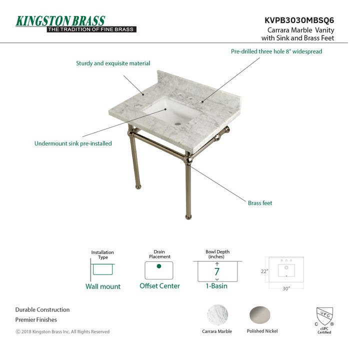 Kingston Heirloom KVPB3030MBSQ6 - Templeton 30-Inch Carrara Marble Vanity Top with Brass Legs (8-Inch, 3-Hole), Carrara Marble White/Polished Nickel