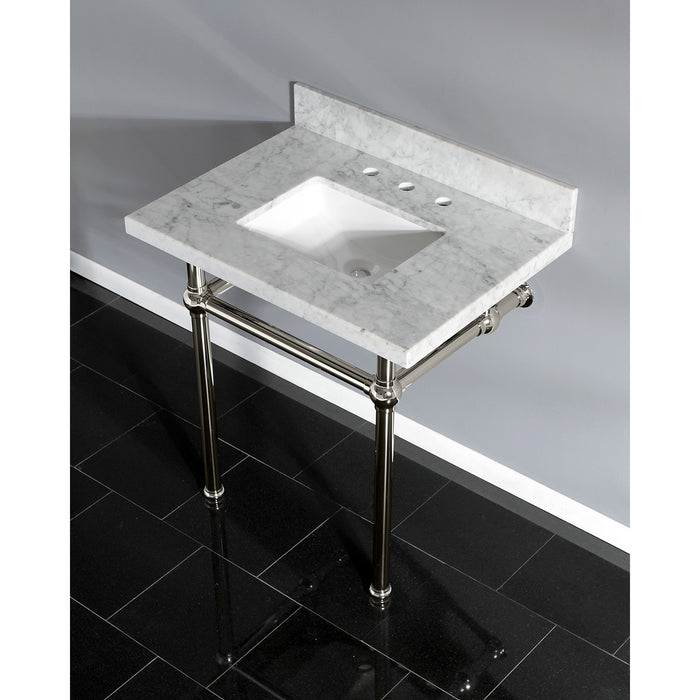 Kingston Heirloom KVPB3030MBSQ6 - Templeton 30-Inch Carrara Marble Vanity Top with Brass Legs (8-Inch, 3-Hole), Carrara Marble White/Polished Nickel